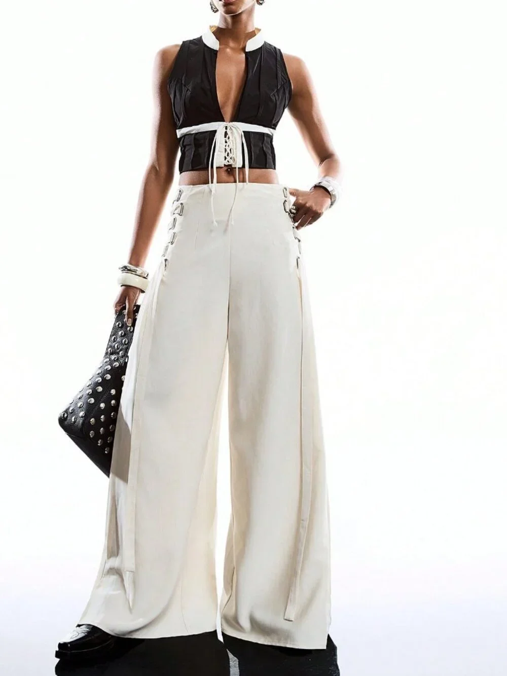 Casual Women's Minimalist Tie-Up wide legged pleated detailed Pants - Picture 6 of 7